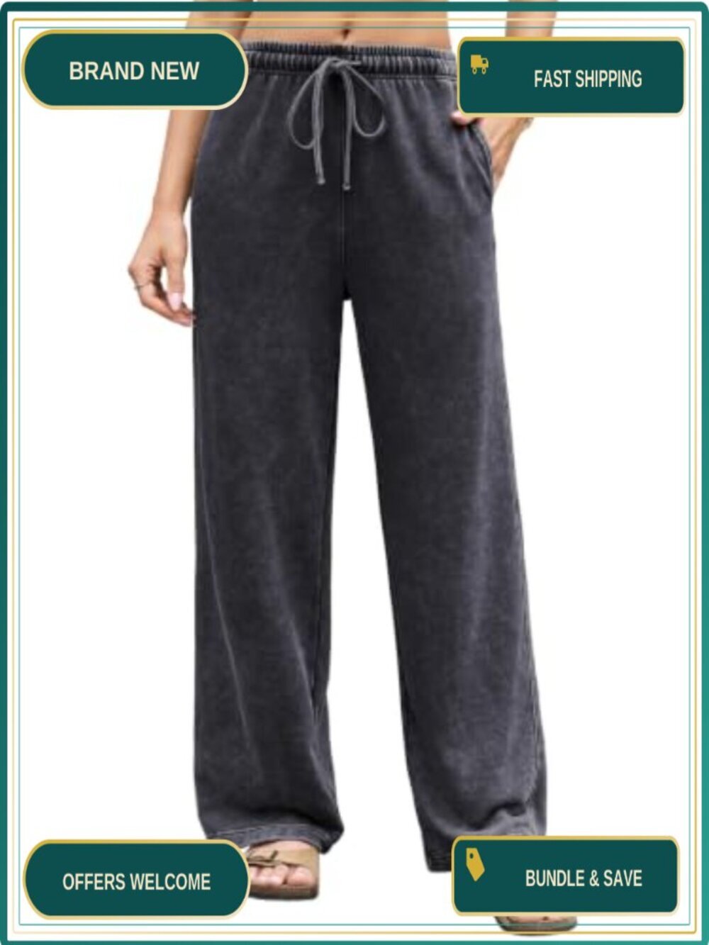 Wide Leg Acid Washed Sweatpants Cotton Lounge Pants Drawstring Pockets